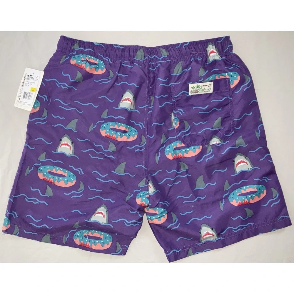 NWT Men's‎ U.S. Surf Club Oahu, Hawaii Shark Donut Floaty Purple Swim Trunks - M
